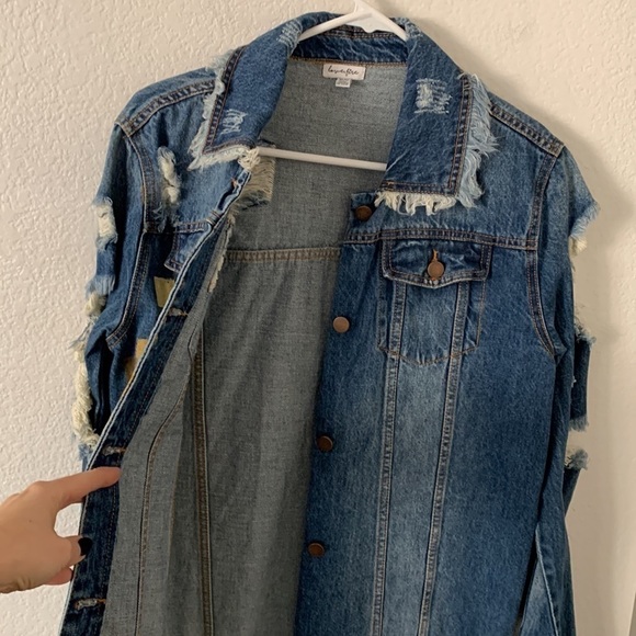 Love, Fire Long Distressed Ripped Denim Jean Jacket - Picture 10 of 16